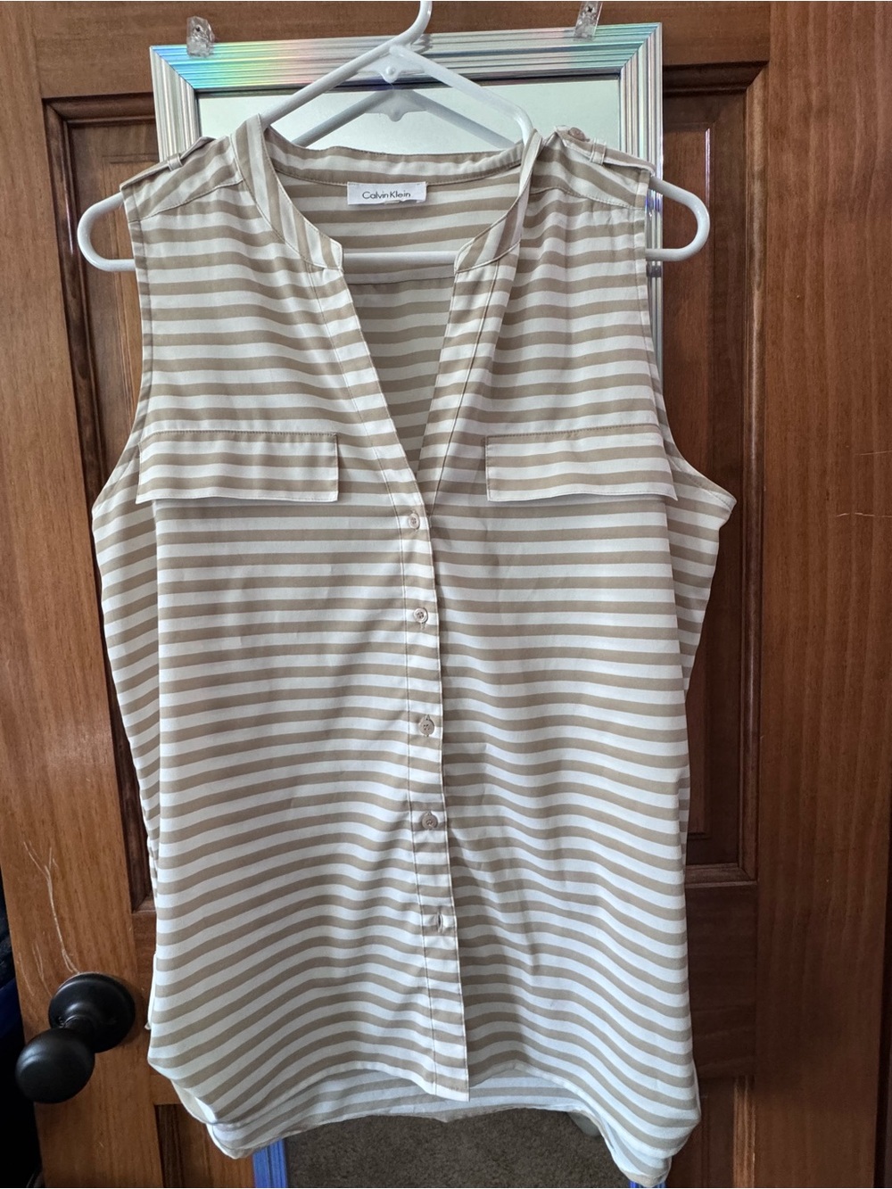 Calvin Klein Sleeveless Striped Button-Front Top in Beige and White